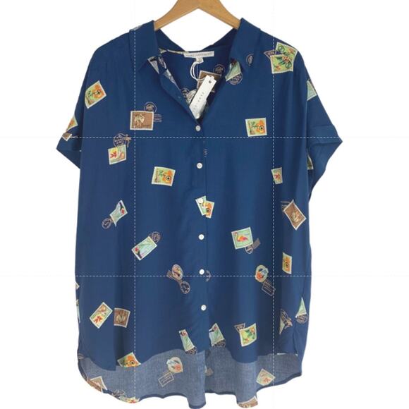 Jane and Delancey Tops - Jane & Delancey Exotic Animal Stamps Button Up Shirt 1X 2X 3X Navy Tropical NWT